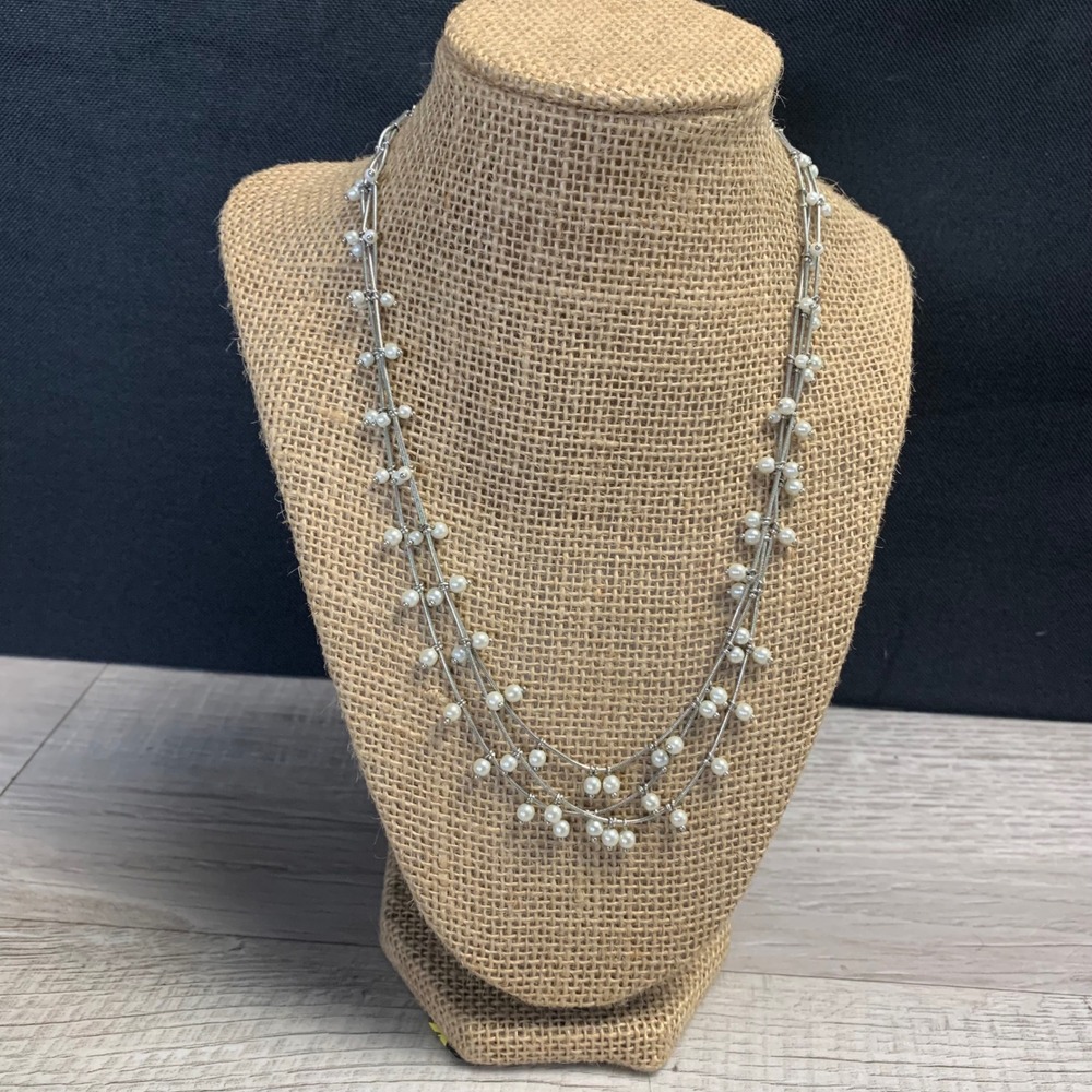 Anne Klein Silver Tone Multi Strand Faux Pearl Tiered Necklace 18 Inch 4890